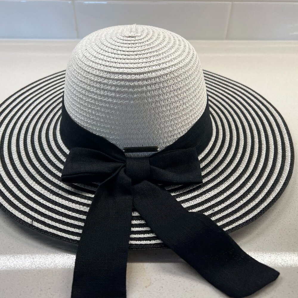 Summer Braided Hat White and Navy Striped  Navy Grosgrain bow with long tail
